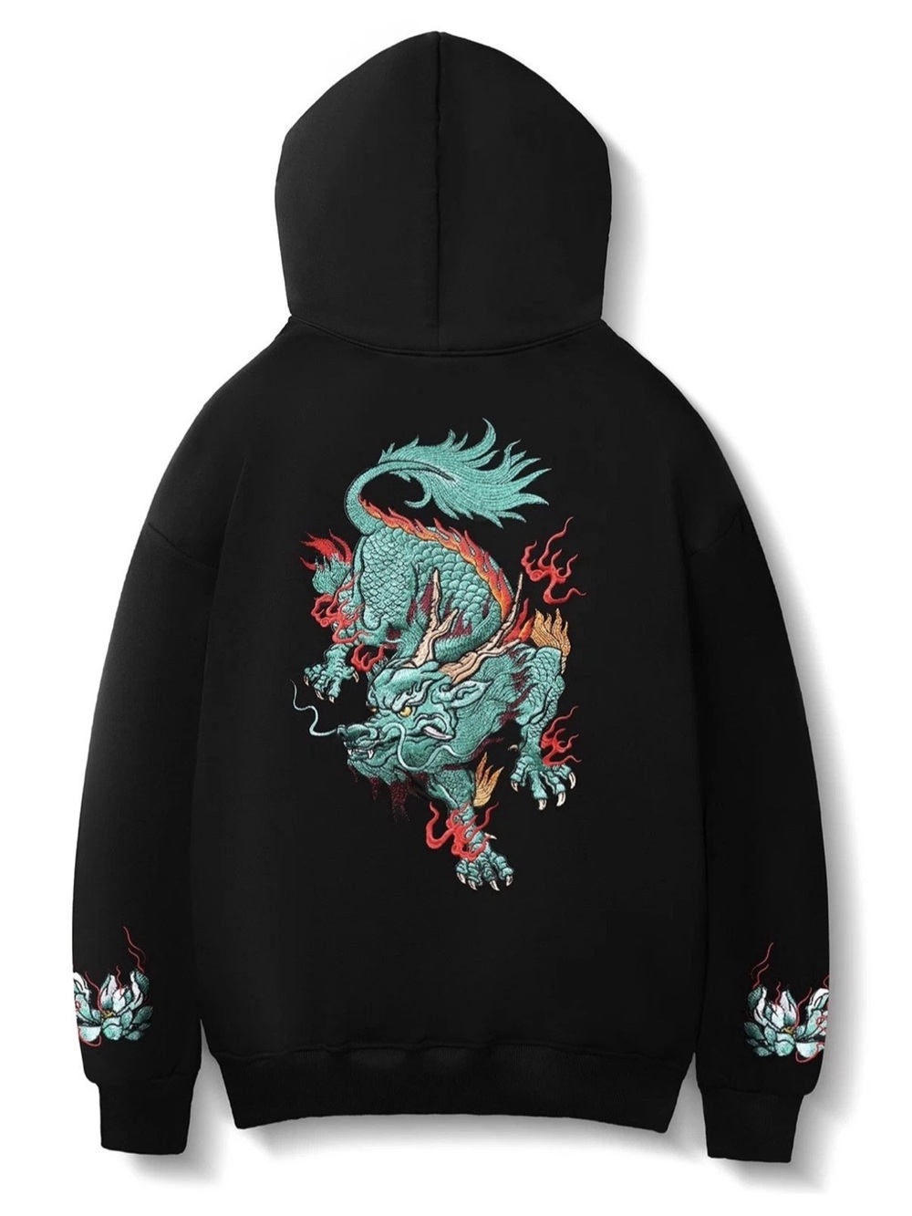 New | Niepce Streetwear Japanese Embroidered Blue Lion Graphic Black Hoodie - XL